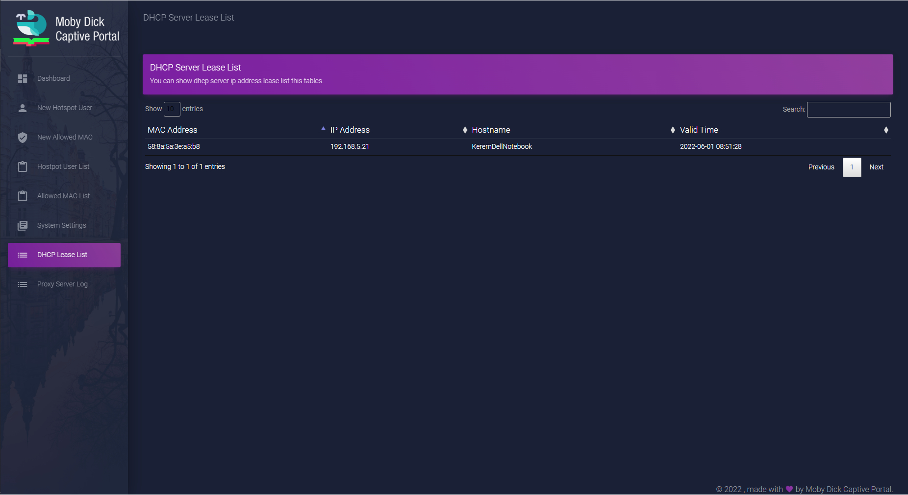 Moby Dick Captive Portal DHCP Leases List