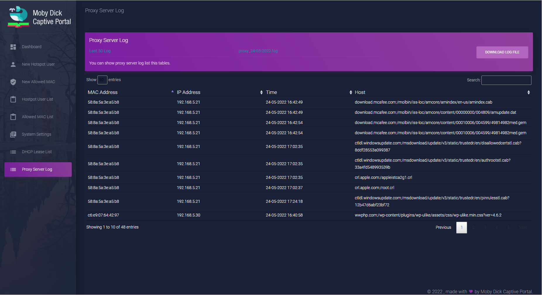 Moby Dick Captive Portal Proxy Log List